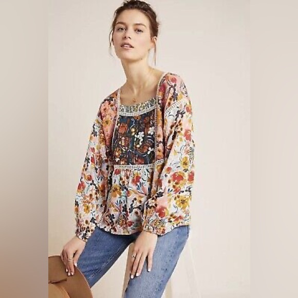 Anthropologie Maeve Nikki Peasant Blouse bohemian balloon sleeve crochet floral - Picture 12 of 15